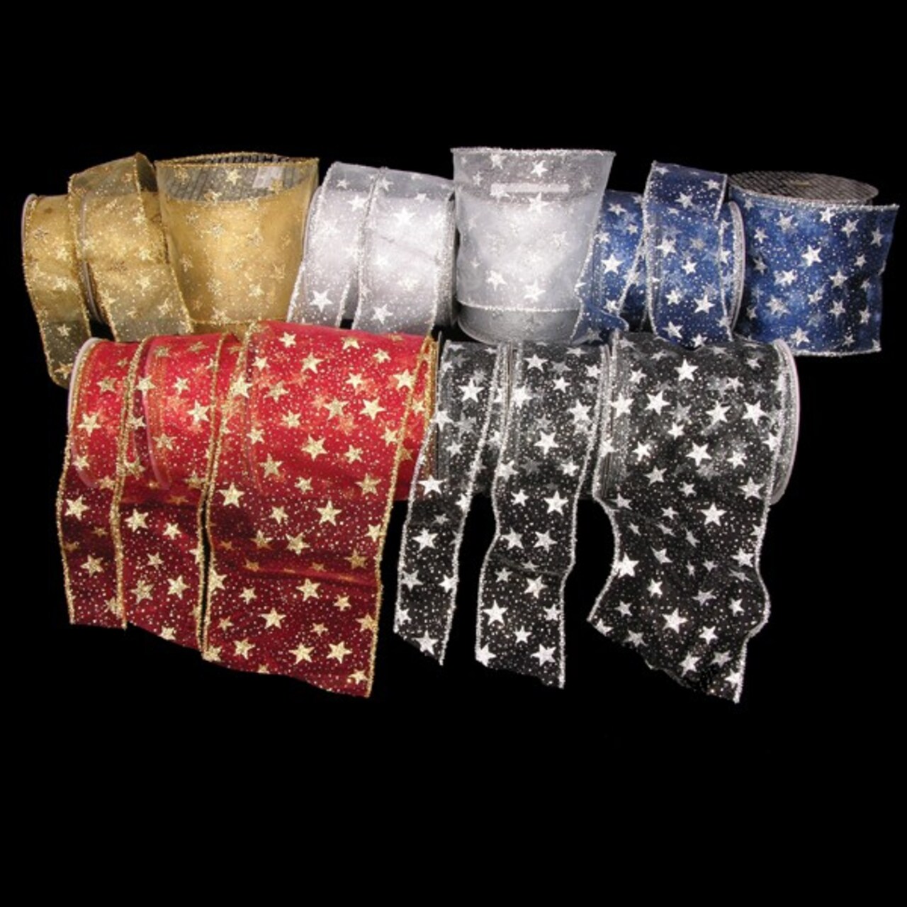 The Ribbon People Shimmering Red and Gold Sheer Glitter Star Print Fuzzy Wired Craft Ribbon 6" x 20 Yards